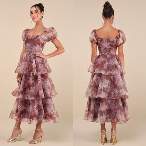 Lulus Darling Vision Rust Floral Organza Puff Sleeve Tiered Midi Dress L Wedding